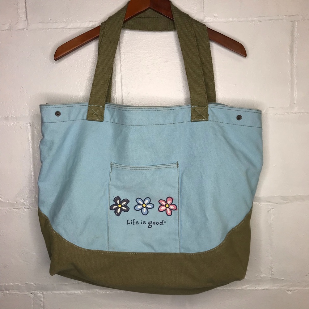 Life Is Good Blue Green Flowers Heavy Canvas Tote Beach Travel